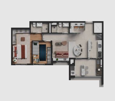 Perspectiva ilustrada da planta 83m² 2 dorms